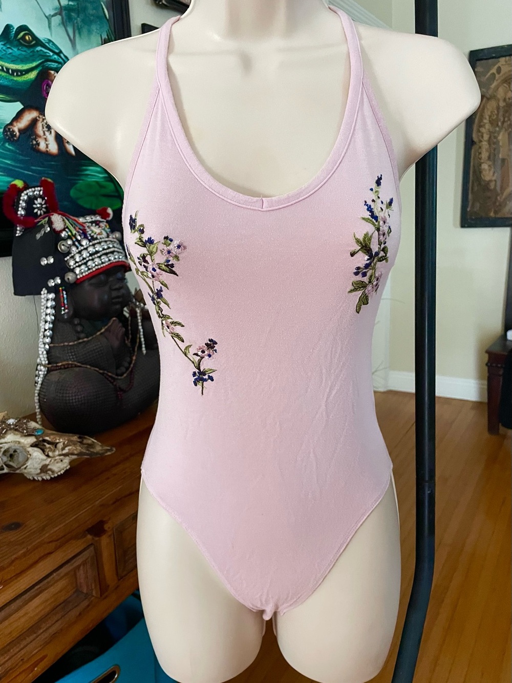 American Eagle Outfitters Lavender Floral Embroidered Bodysuit S